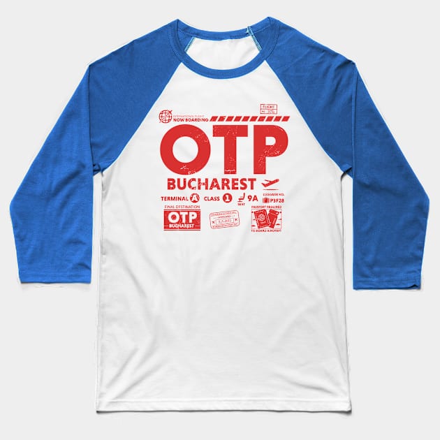 Vintage Bucharest OTP Airport Code Travel Day Retro Travel Tag Romania alt Baseball T-Shirt by Now Boarding